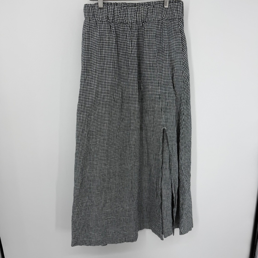 Quince Linen Maxi Skirt Womens S Black White Gingham Check Elastic Waist Slit